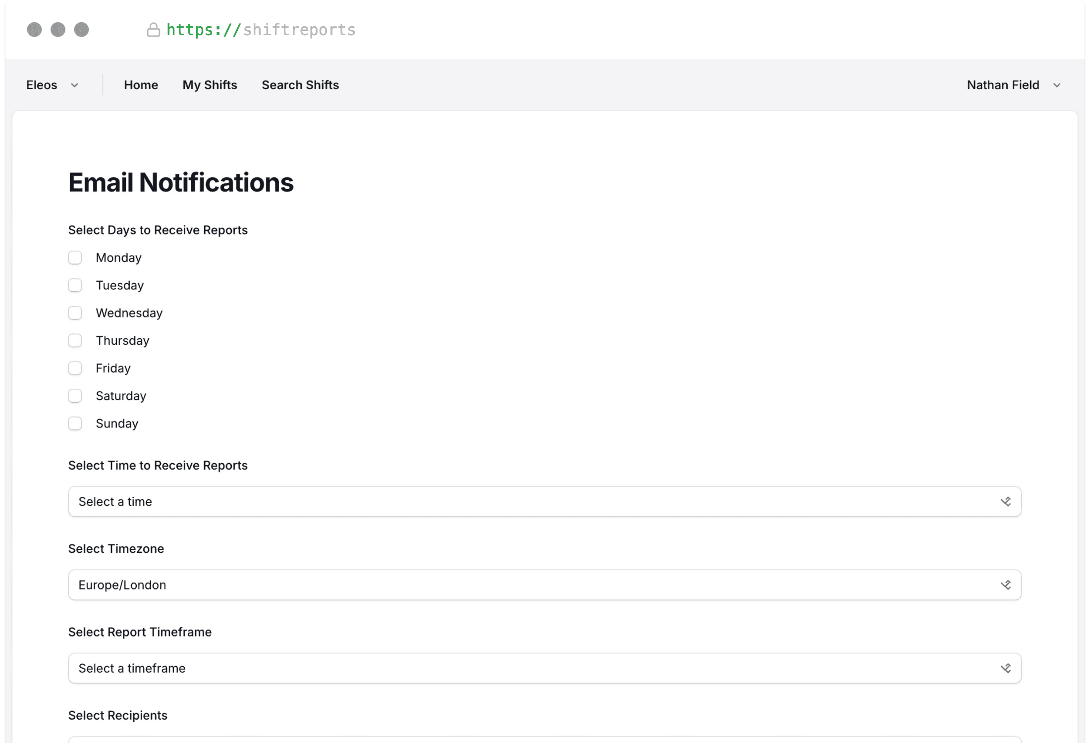 Screenshot of Shift Reports notification setup