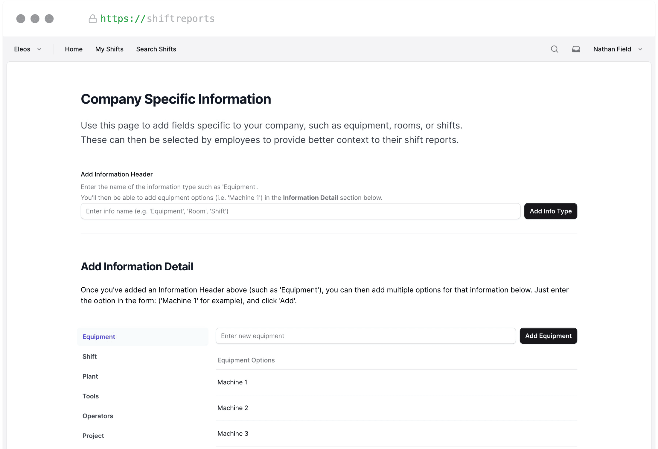 Screenshot of Shift Reports tenant customization settings