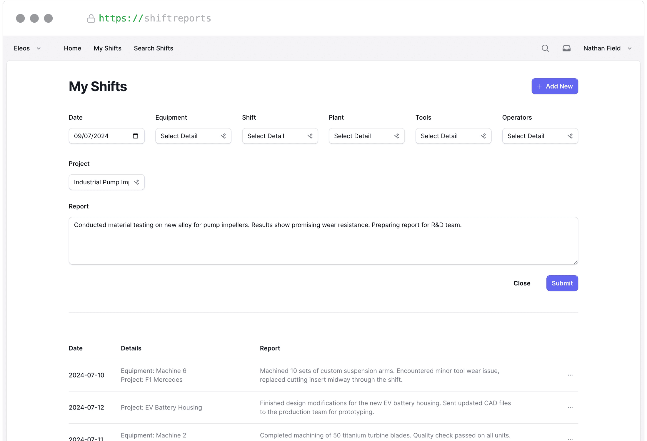 Screenshot of the Shift Reports submission form